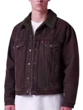 Levi's Black Purple Sherpa Lined Cropped Denim Trucker Jacket Men’s M